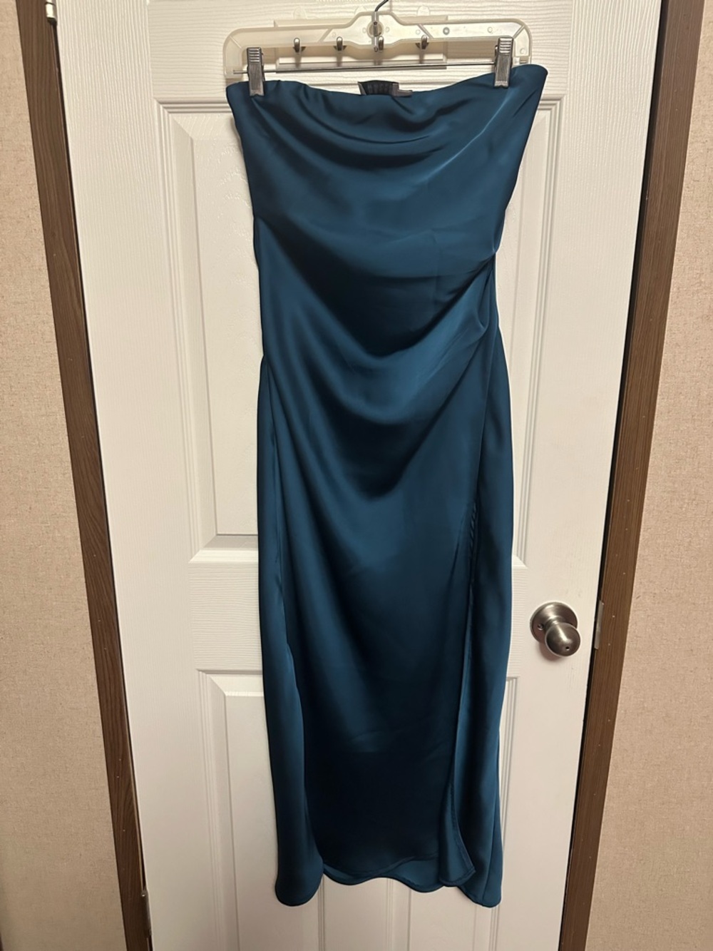 Hello Molly Teal Strapless Satin Midi Dress
